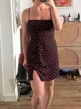Black Mini Dress with Red Floral Print - Strappy Summer Dress